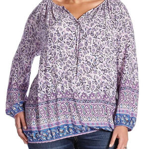 Lucky Brand Purple Multi Border Print Peasant Top/Blouse in Size XL Extra Large